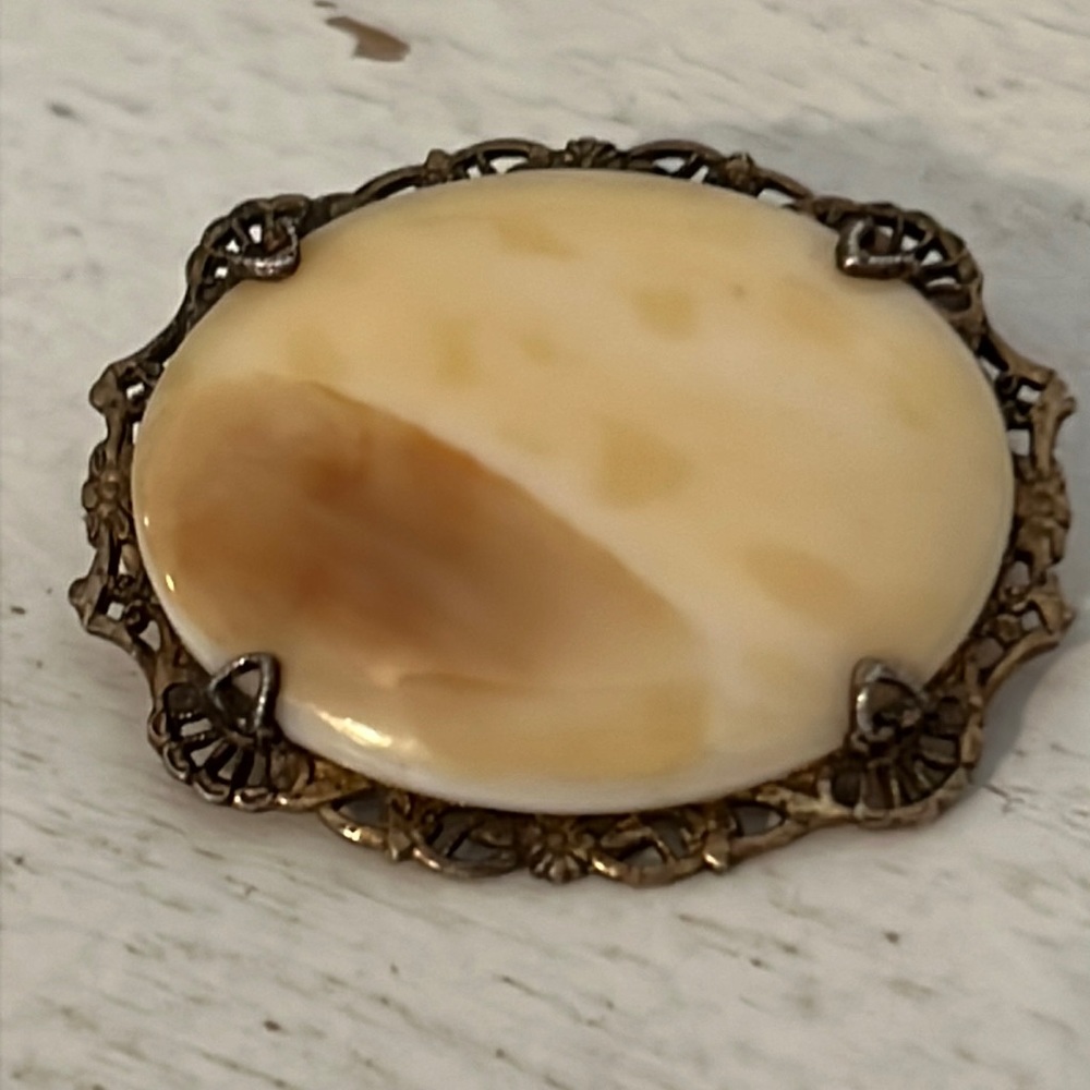 Antique Sterling Silver Ostby Barton Victorian ivory colored stone brooch 1.25”